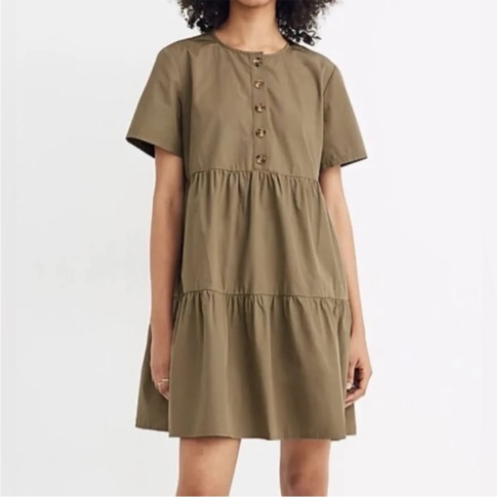 Madewell olive green tiered dress. Button up, shirt sleeves. Size XXS. - Picture 11 of 11